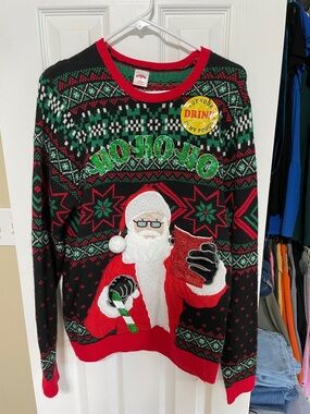 Holiday Time Black Red & Green Santa Crewneck Sweater with Glitter HOHOHO